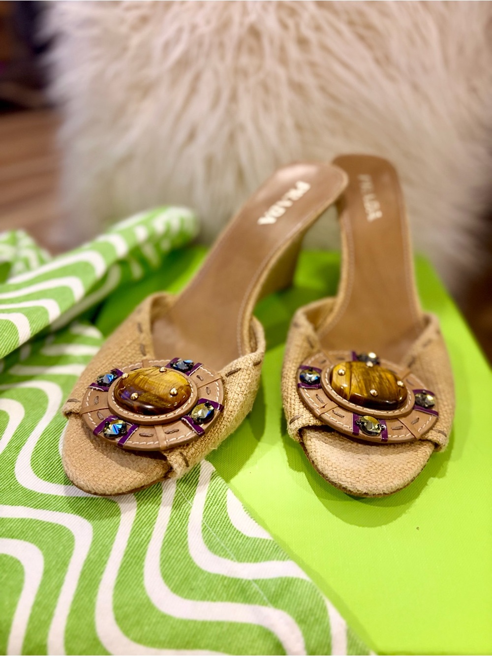 Prada Beige Tan Slide Mules with Amber & Purple Jewel Detail - Picture 3 of 8